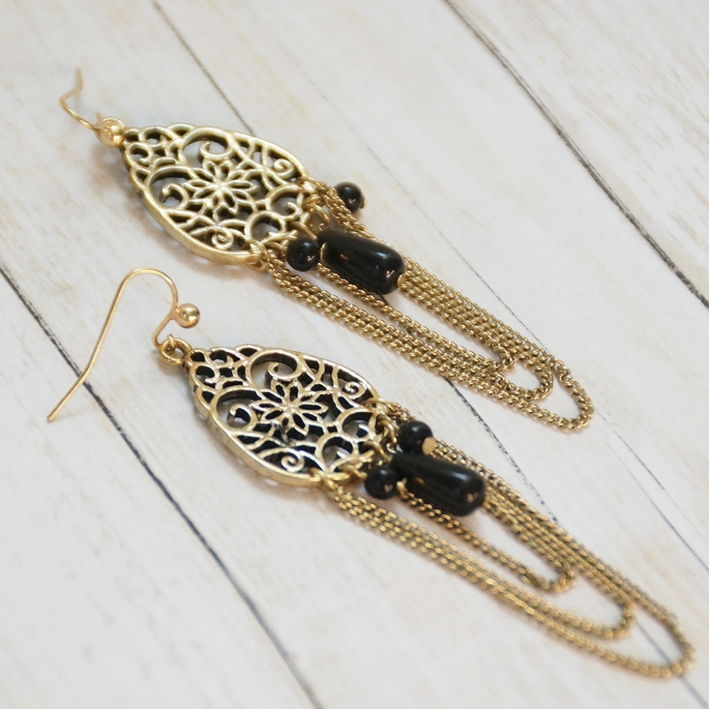 Gold-tone filigree & chains w/ black drop pendant